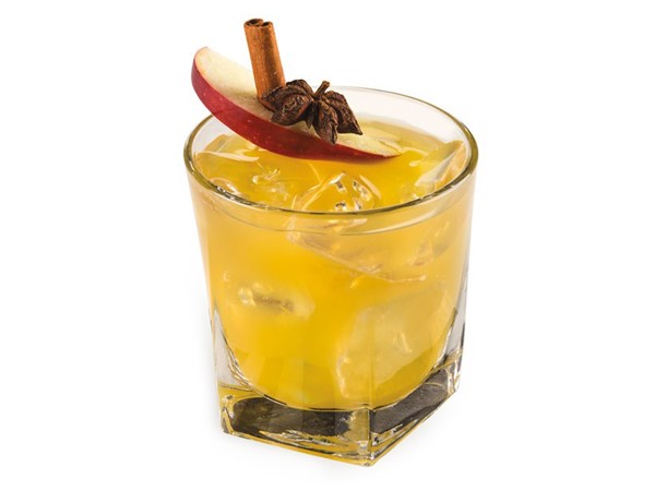 Glass of bourbon apple cider with ice, garnished with star anise, cinnamon stick and apple slice
