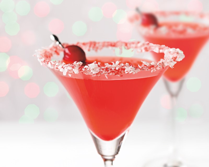 Coconut and sugar-rimmed martini glass filled with Christmas Cosmo, garnished with cranberries