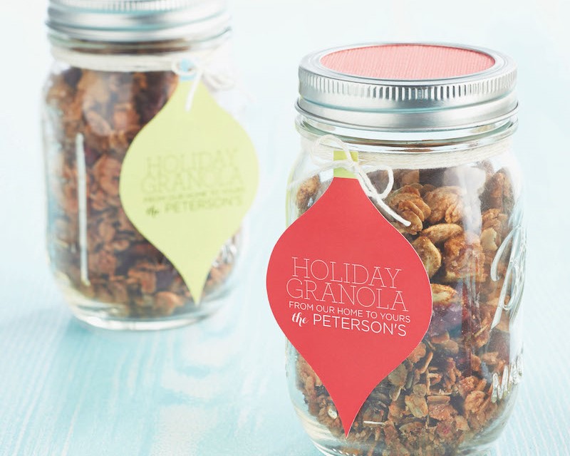 Granola packaged in mason jars with gift tags