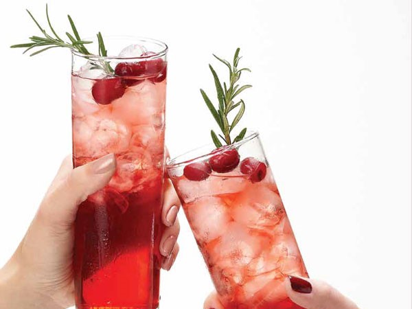 Two tall glasses filled with cranberry vodka fizz, garnished with rosemary and cranberries, clinking together to cheers