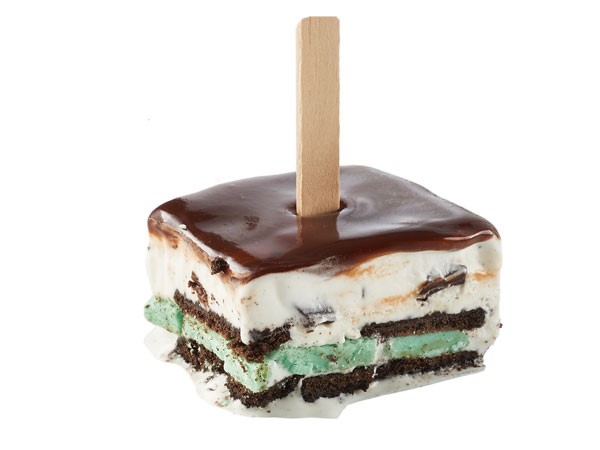 Ice cream mint sandwich cookies covered in chocolate fudge topping