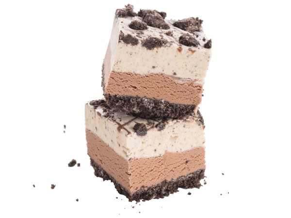 Two layers of ice cream on crushed chocolate-and-vanilla sandwich cookies topped with chocolate topping and crushed cookie crumbs