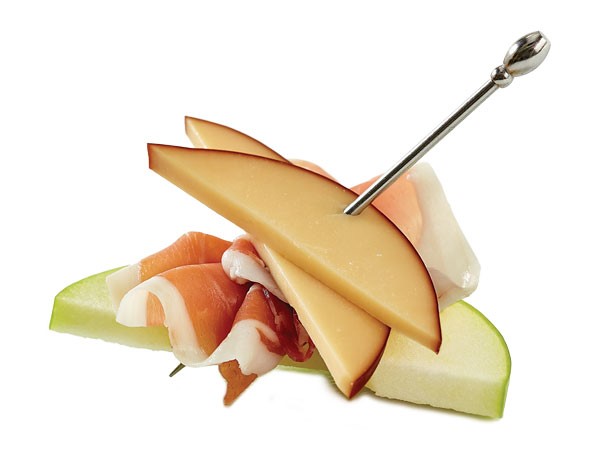 A smoked gouda, prosciutto and apple skewer