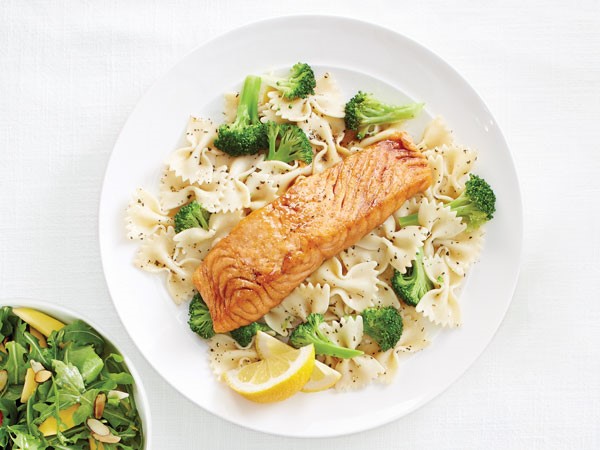 Honey-Ginger salmon over bow tie pasta and broccoli