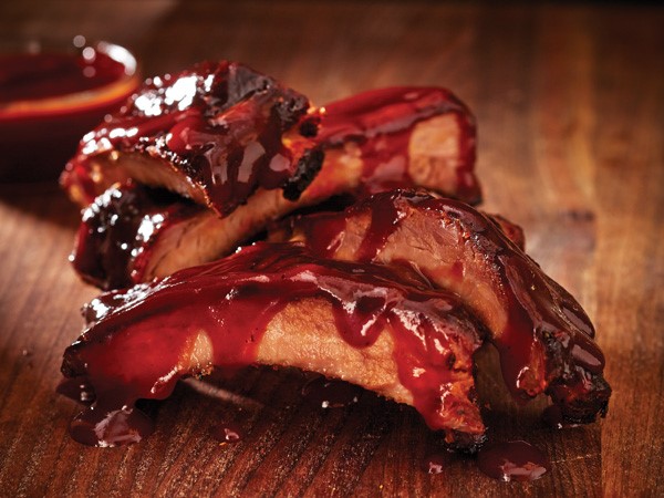 Chef Jim's smoked baby back ribs covered in barbecue sauce