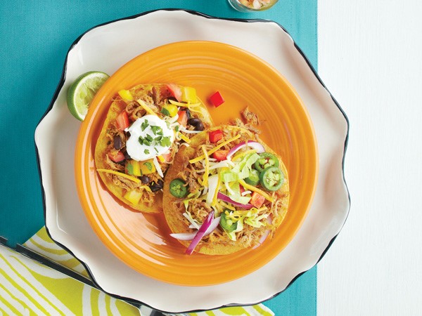 Yellow plate of chipotle shredded pork tacos