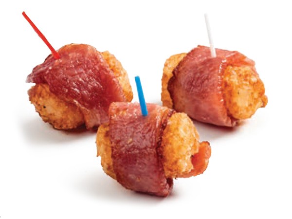 Bacon-wrapped tater tots skewered with red, white and blue toothpicks