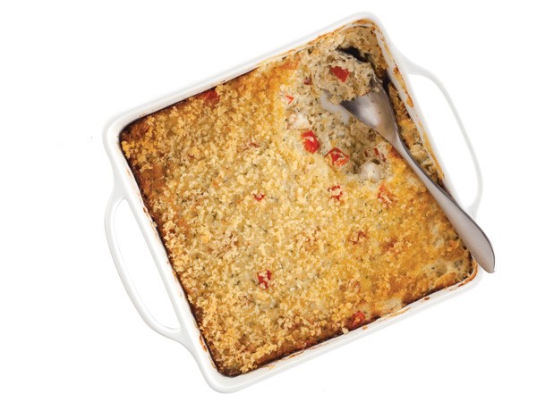 Dish of Crab Dip Topped with Ritz Cracker Crumbs