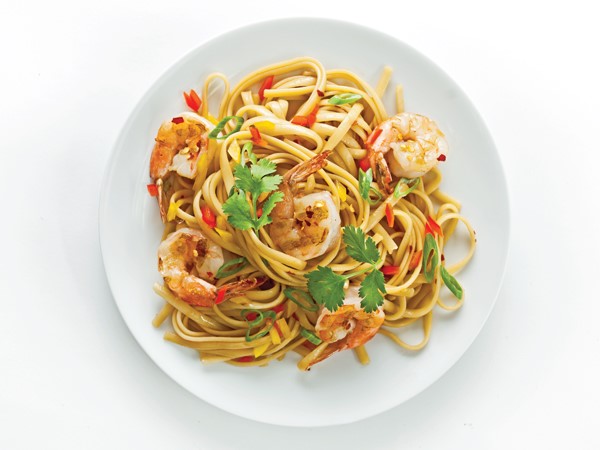 Shrimp, noodle, and vegetable pad thai