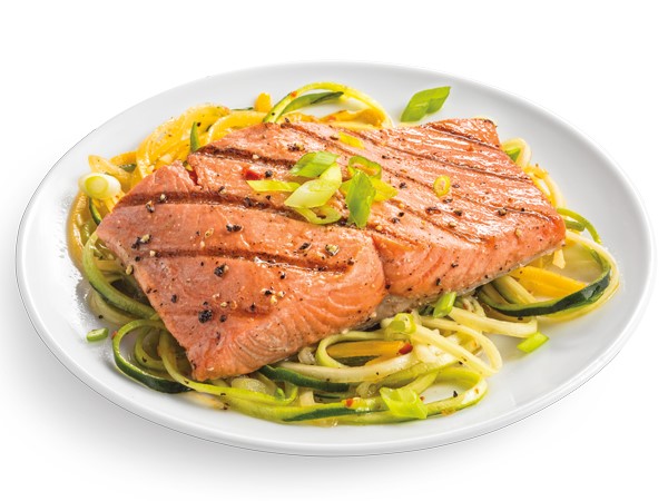 Grilled honey glazed salmon over zucchini noodles