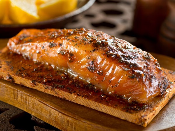 BBQ spiced salmon on a wooden plank