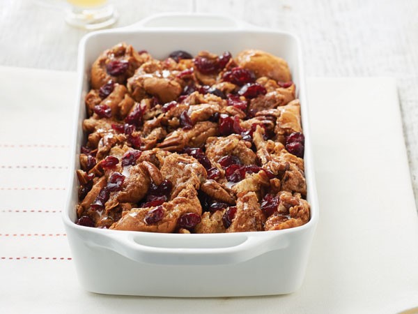 Casserole dish of baked bread pudding
