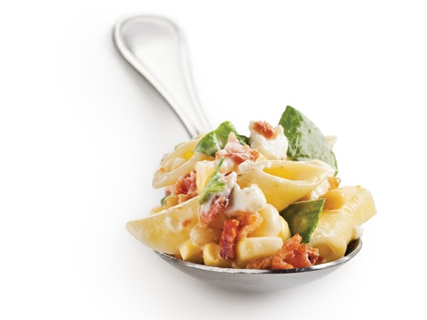 Spoonful of mostaccioli pasta with spinach, bacon and goat cheese