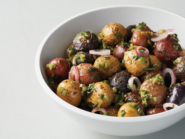 Whole roasted baby potatoes with onions and herbs