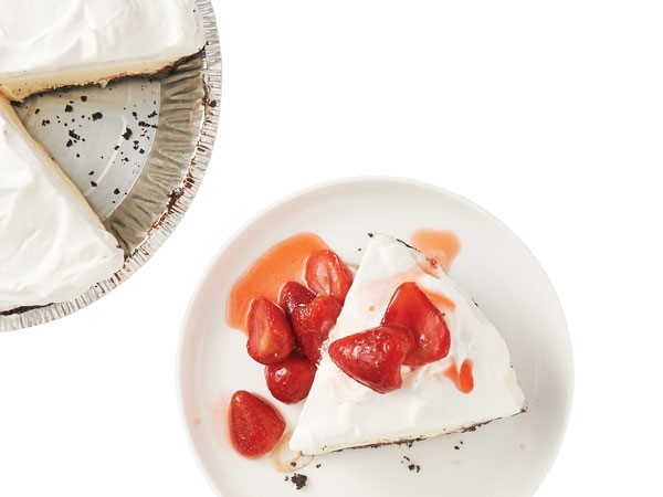 Strawberry ice cream pie topped with strawberries