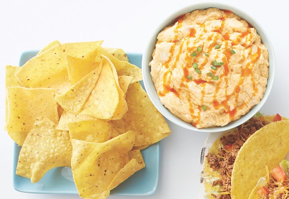 chips, dip and tacos