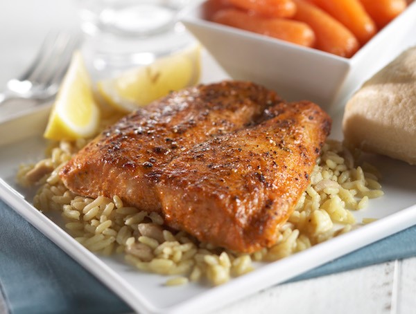Chili-Rubbed Salmon over rice with carrots