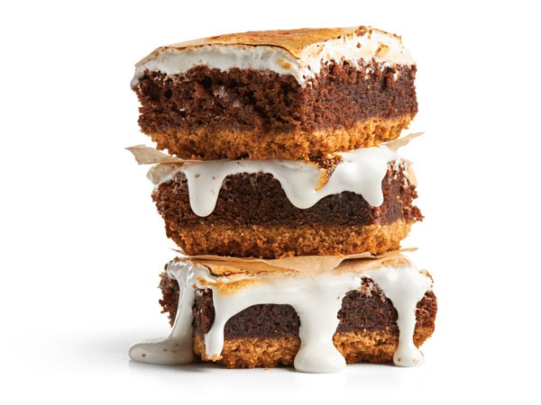 Three s'more brownies stacked on top of each other