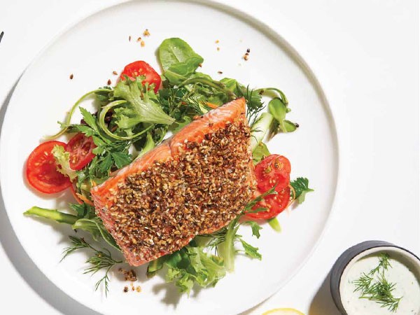 Plate of Seed Crusted Salmon with Side Salad