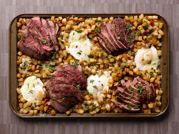 Pan of steak, potatoes and eggs