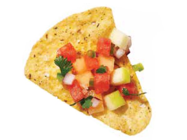 Tortilla chip topped with apple melon salsa