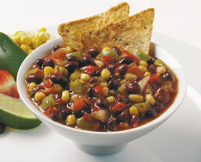 Hatch Chile and Black Bean Salsa in a bowl with chips