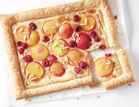 Peach and raspberry slab pie with almonds