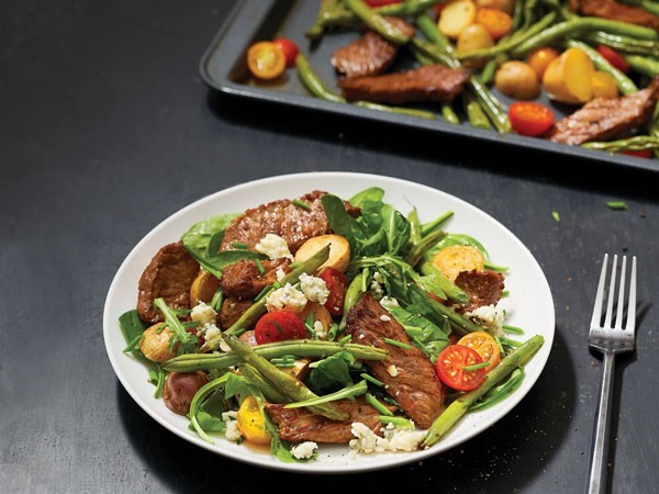 Sheet pan and plated steak salad