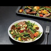 Sheet pan and plated steak salad
