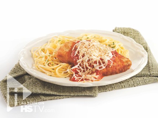 Breaded chicken covered in marinara sauce atop of a pile of spaghetti 