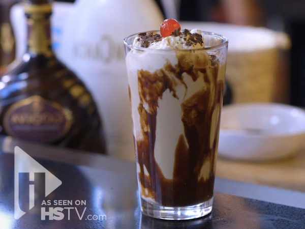 Toasted caramel chocolate martini in a glass cup 