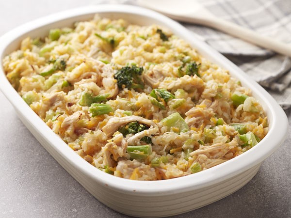 Rice, cheese, broccoli and chicken casserole in casserole dish