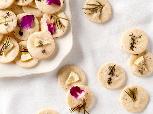 Shortbread cookies with pressed herbs on top