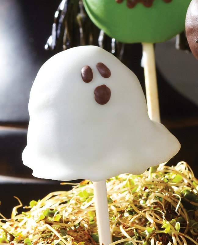 White Ghost Cake Pop with Chocolate Piped Mouth and Eyes