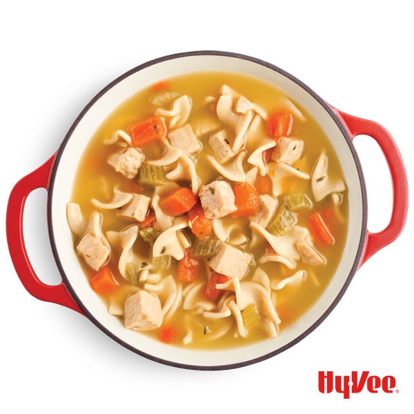 Chicken noodle soup with spiralized pasta noodles, chopped celery and carrots, and diced chicken in red dutch oven