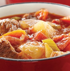 Red bowl filled with beef and vegetable stew