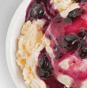 Bowl of vanilla ice cream topped with blueberry ginger sauce with whole blueberries