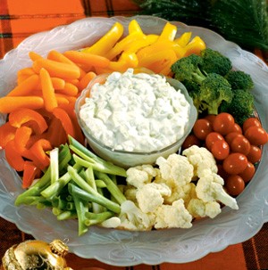 Bowl of Vegetables with Cucumber Dip in the center