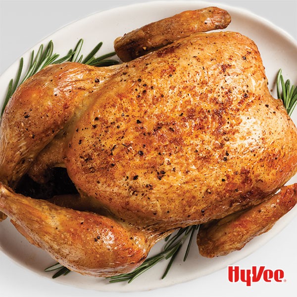 Whole roasted chicken on a white plate garnished with fresh rosemary