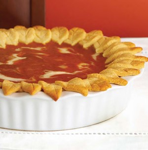 Dish of Cream-Cheese Swirled Pumpkin Pie with Leaf-Shaped Crust