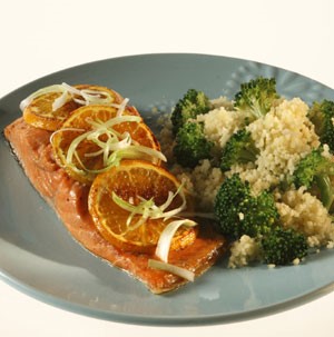Plate of Citrus-Soy Salmon with Couscous and Broccoli