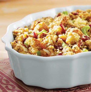Baked cornbread stuffing served in a bowl