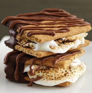 Graham cracker s'mores with roasted marshmallows dipped and drizzled in chocolate