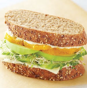 Provolone, Cucumber, Sprouts, Avocado and Oranges sandwiched between Honey, Grain and Seed Bread