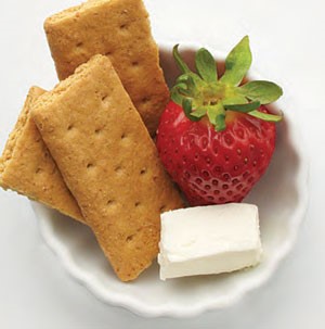 Bowl of graham crackers, cube of cream cheese and a fresh strawberry