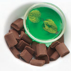 Mint syrup topped with fresh mint leaves surrounded by chocolate chunks
