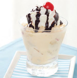 Glass filled with banana split and topped with whipped cream, chocolate syrup and a maraschino cherry