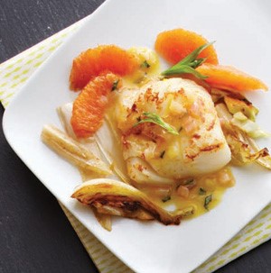 White plate of Pan-Seared Cod with Fennel and Orange 