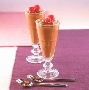 Two parfait glasses filled with Chocolate-Espresso Parfaits and garnished with Raspberries