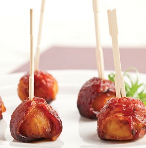 Bacon-wrapped water chestnuts with a toothpick